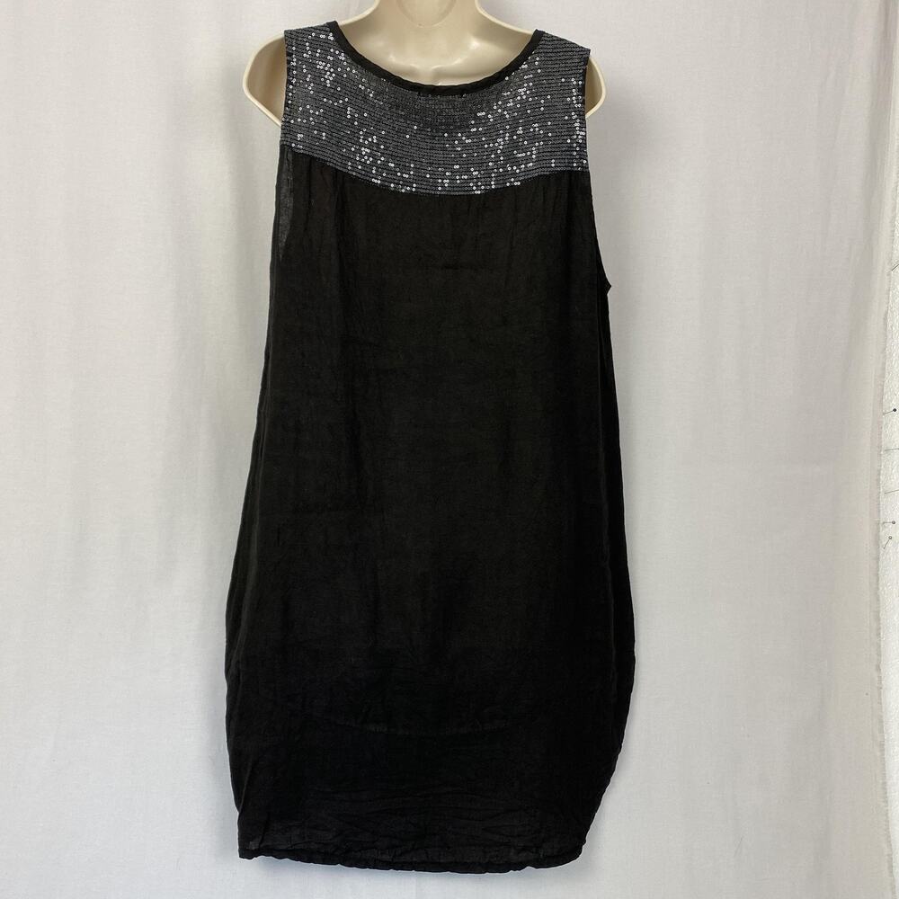 Angela Mara Linen Shift Dress Womens Large Black Sequin Trim Lagenlook Flowy - Picture 5 of 12